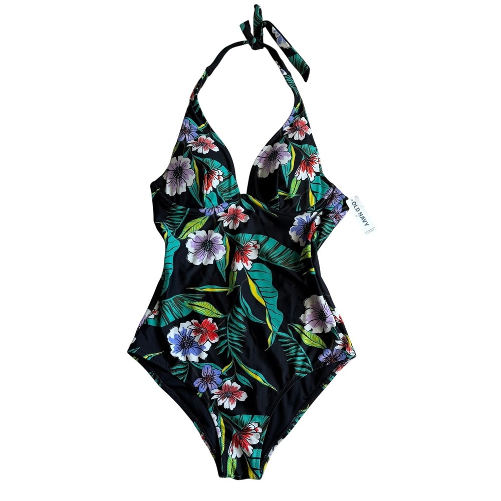 Old Navy Womens Small Black Tropical Floral Halter One Piece Swimsuit Underwire